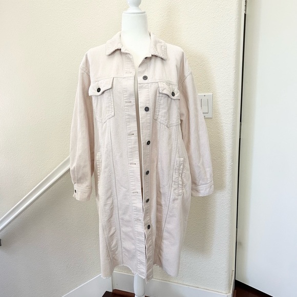 Zara Off-White Corduroy Long  Shirt Jacket Size M 100% cotton pockets frayed hem - Picture 1 of 12
